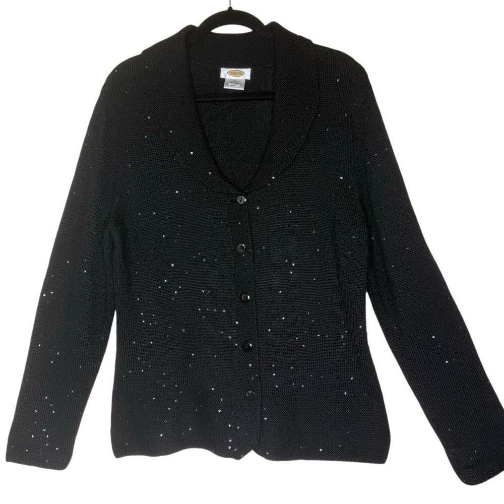 Vintage Talbots Sweater Black Sequined Merino Wool Blend Size XL Classic, Glam